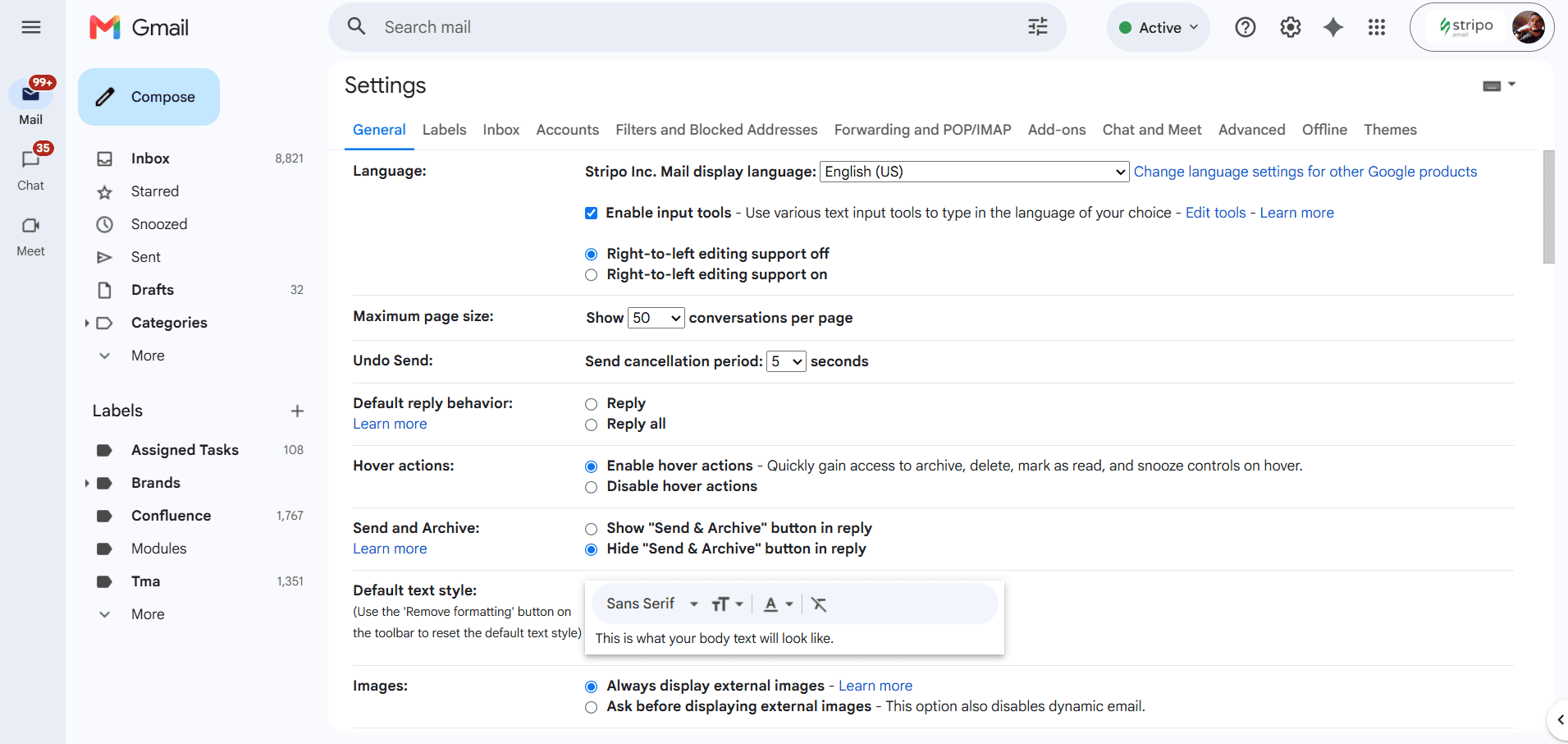 P&aacute;gina de configuraci&oacute;n de Gmail