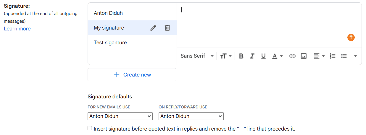 Ventana de edici&oacute;n de firmas en Gmail