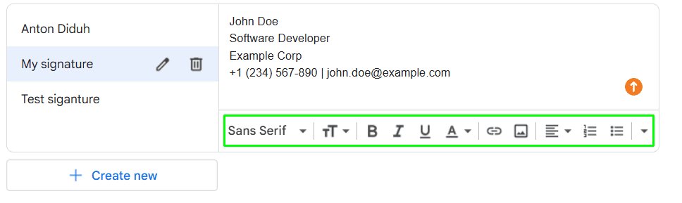 Barra de herramientas de firma en Gmail