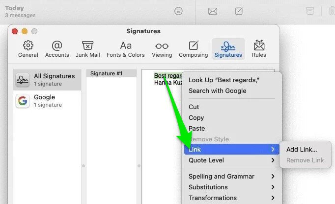 A&ntilde;adir enlaces a una firma de Apple Mail