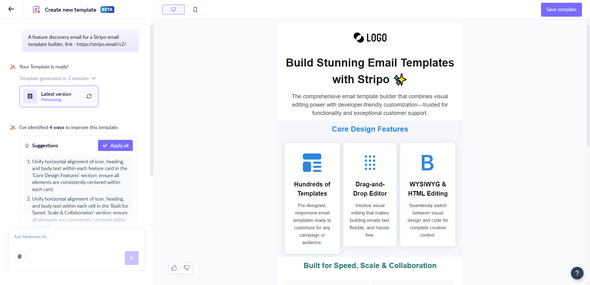 Mailmodo’s AI-assisted email template builder Mailmodo’s AI-assisted email template builder