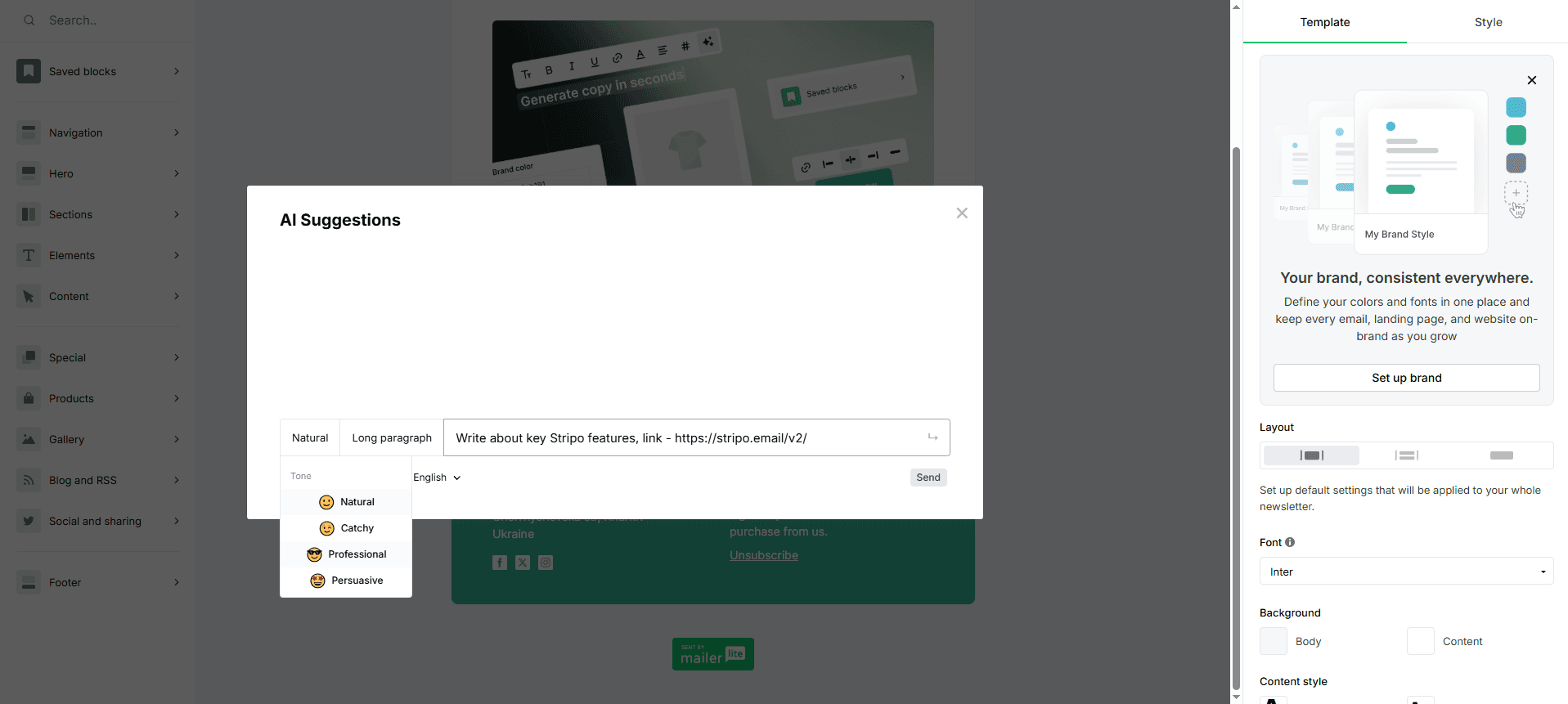 MailerLite’s AI writing assistant tone of voice suggestions MailerLite’s AI writing assistant tone of voice suggestions