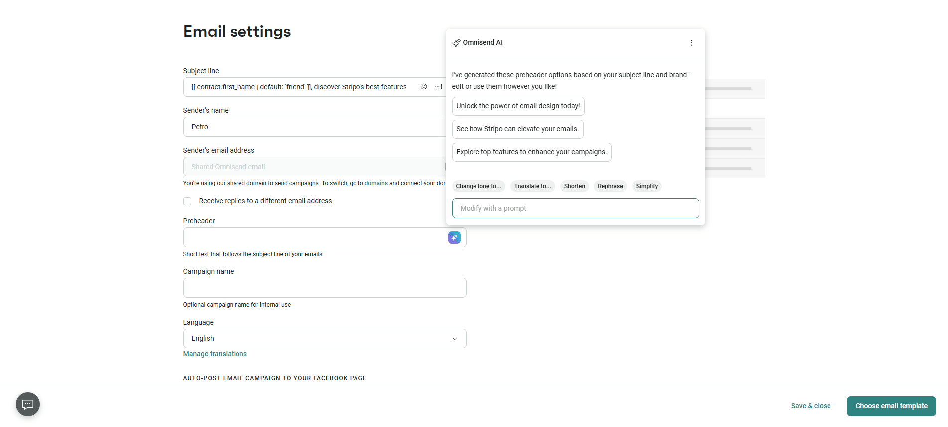 Omnisend’s AI-powered rephrasing and translation Omnisend’s AI-powered rephrasing and translation