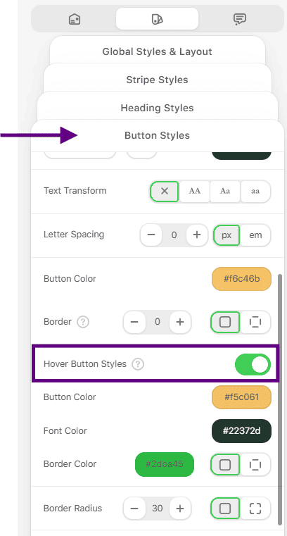 Setting the hover effect in Stripo