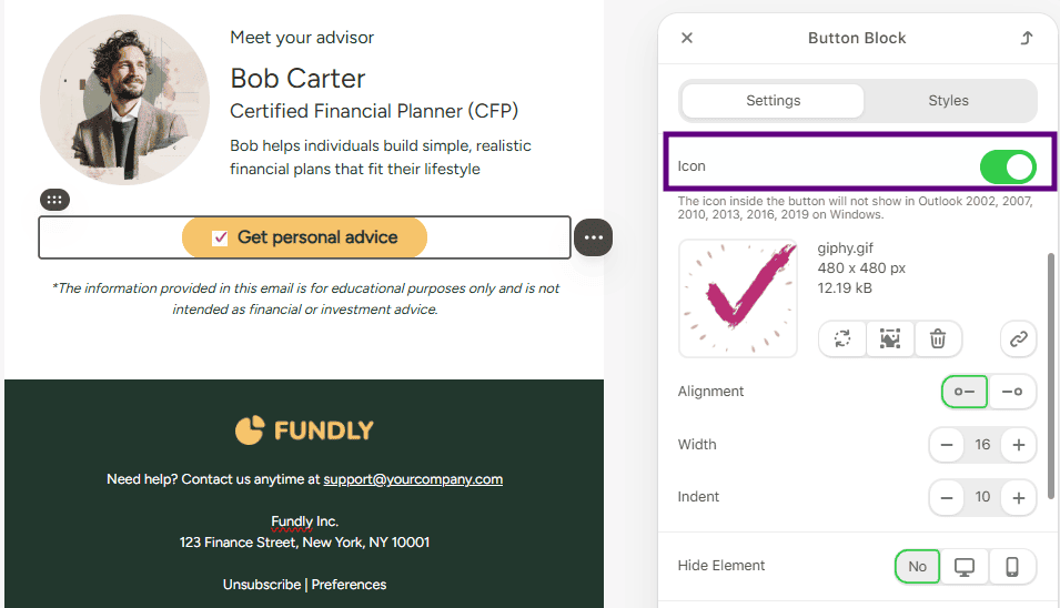 Example of CTA with added icon