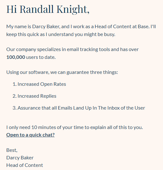 Example of CTA in B2B email