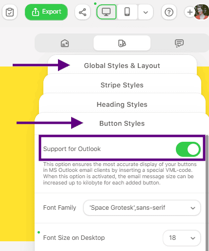 Support for Outlook toggle