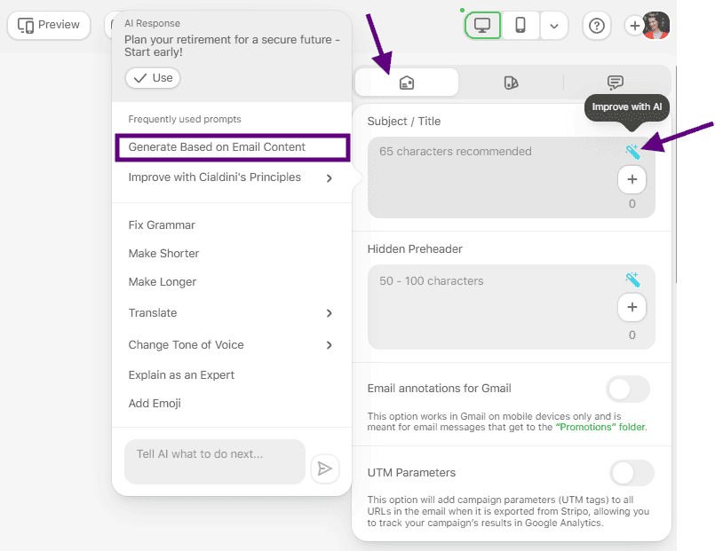 Example of AI generating the subject line and preheader