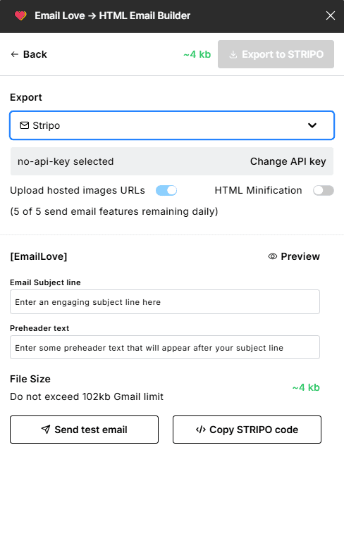 Select Stripo as the export destination in Email Love Select Stripo as the export destination in Email Love