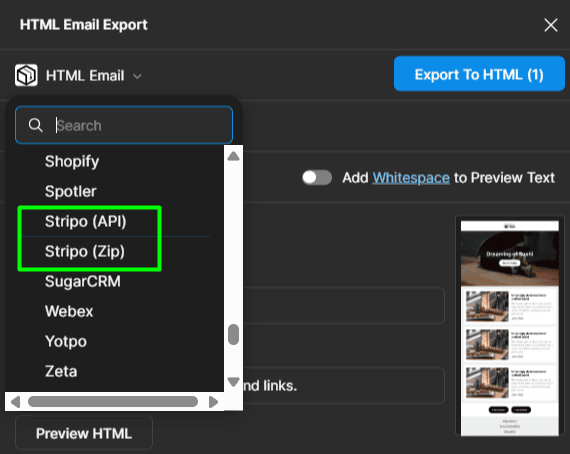 Select Stripo (API) in the Emailify export menu Select Stripo (API) in the Emailify export menu