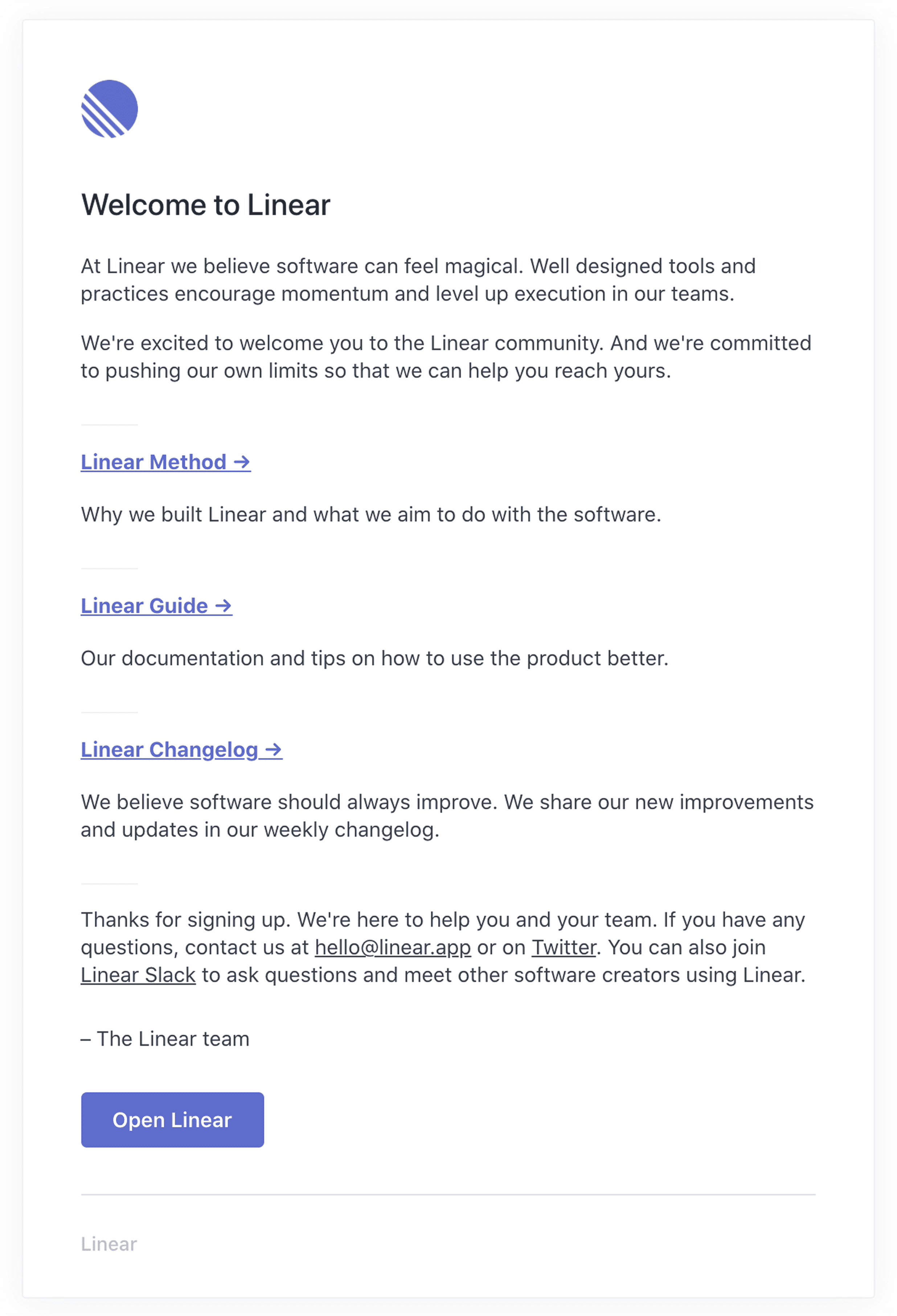 Linear welcome email example