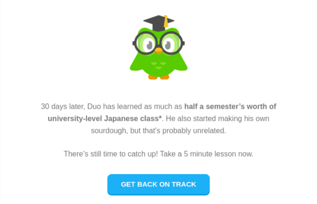 Re-engagement email example from Duolingo