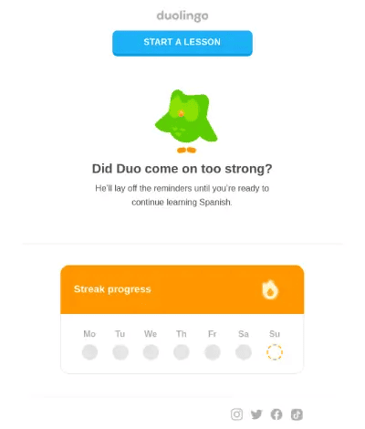 Email example from Duolingo to re-engage subscribers