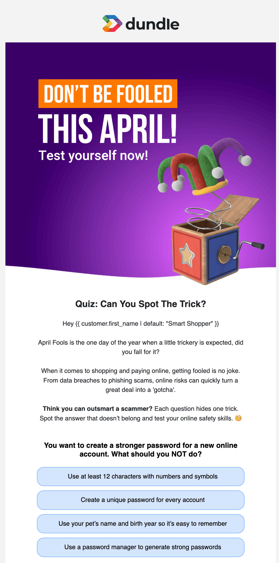 Example of April Fools quiz email campaign