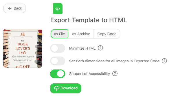 Example of export options in the Stripo editor Example of export options in the Stripo editor