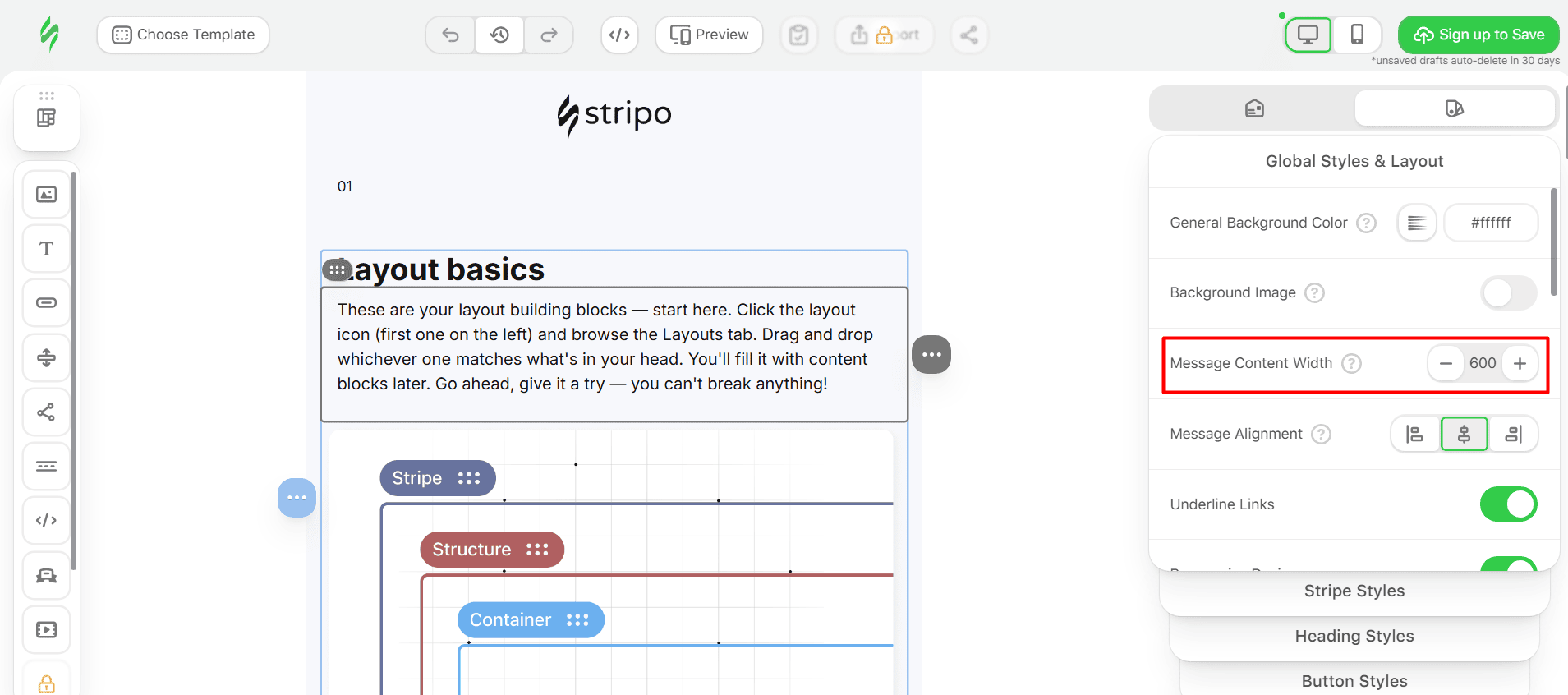 How to set message content width in Stripo How to set message content width in Stripo