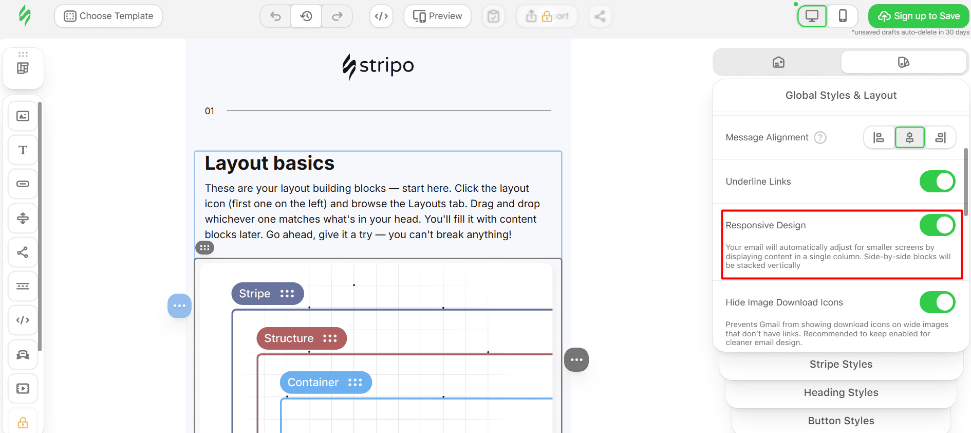 How width works with responsive design in Stripo How width works with responsive design in Stripo