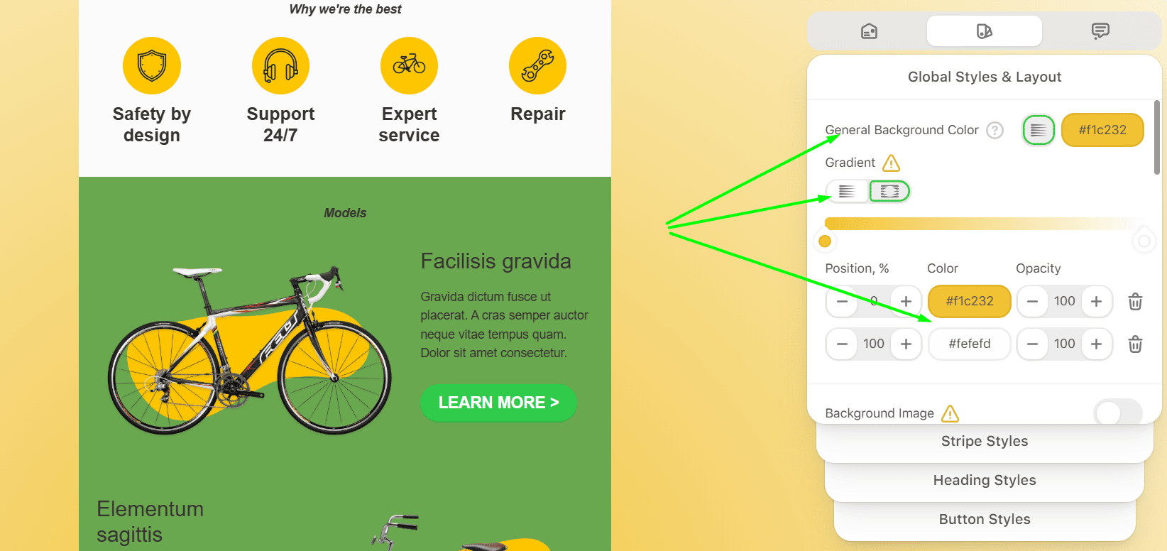 Gradient controls with the first color and fallback background marked