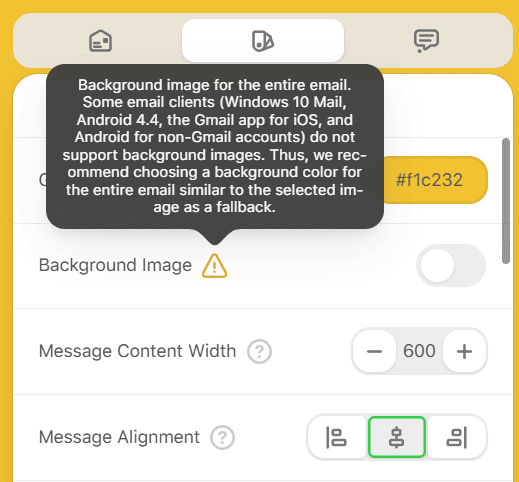 Whole-email Background Image settings, a structure background image with its fallback color, and a comparison of the Stripo preview and classic Outlook rendering