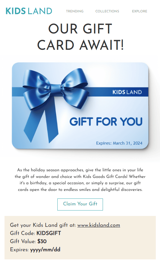 Example of a gift card email Example of a gift card email
