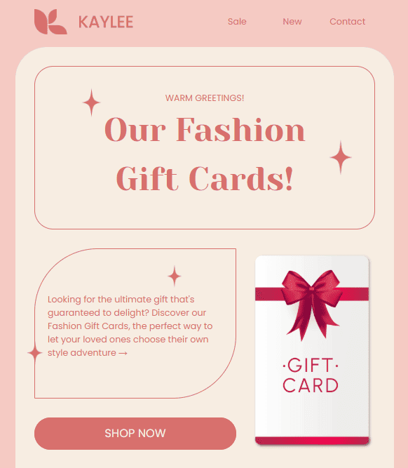 Example of a gift card email Example of a gift card email