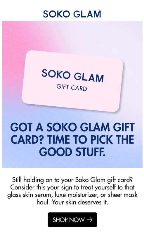 Example of a gift card email Example of a gift card email