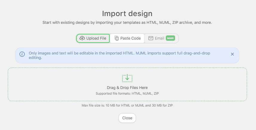 Example of import design options in the Stripo editor Example of import design options in the Stripo editor