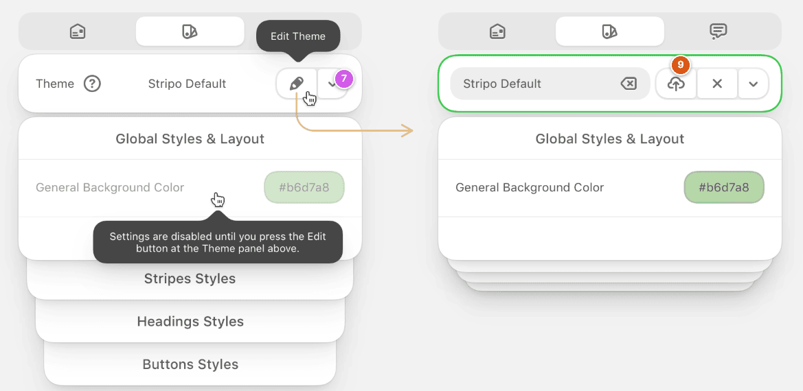 Project theme list with a selected theme and Apply button in Stripo