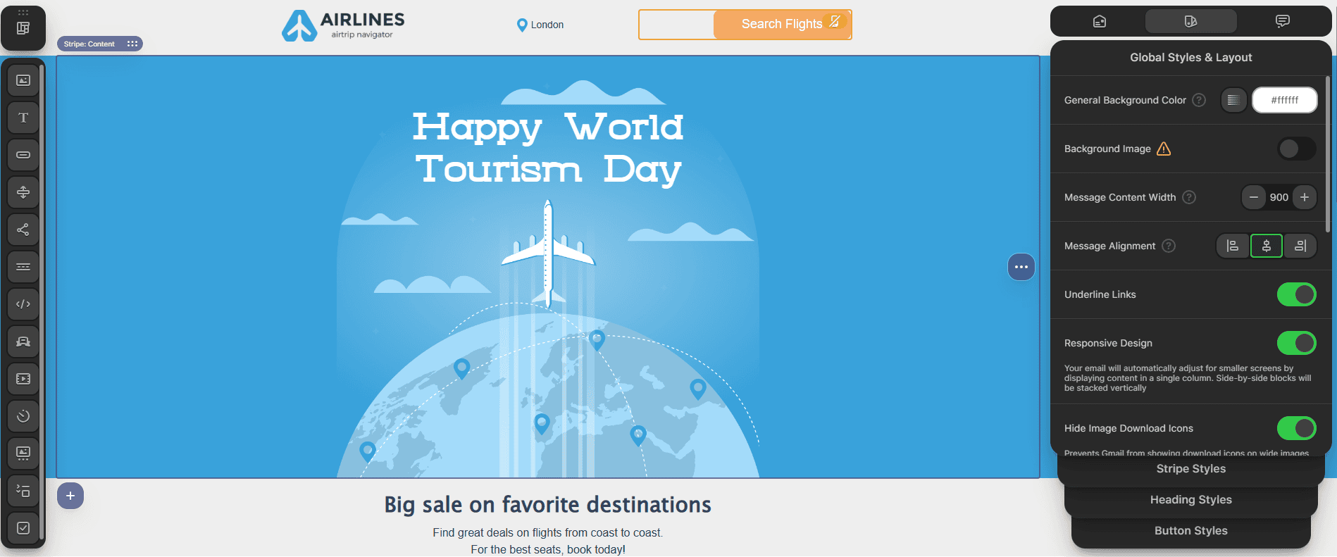 Stripo editor showing a landing page layout with the content area width set to 900 pixels