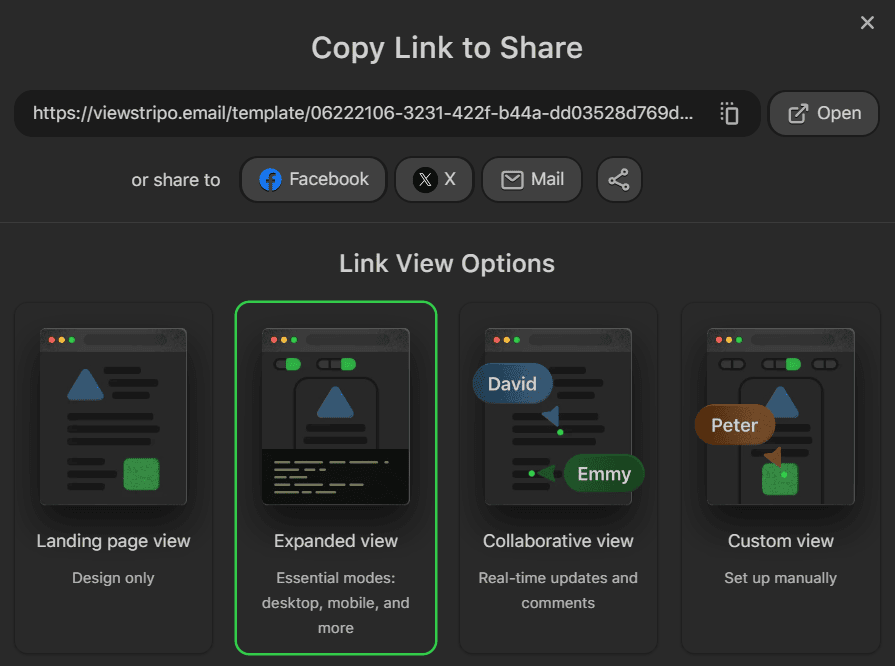 Stripo editor with Landing page view selected and the public page URL ready to copy