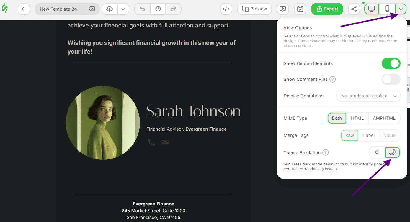 Example of Stripo’s dark mode preview Example of Stripo’s dark mode preview