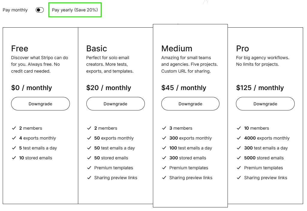 Stripo pricing plans: Free, Basic, Medium, Pro, and Prime — monthly and annual rates Stripo pricing plans: Free, Basic, Medium, Pro, and Prime — monthly and annual rates