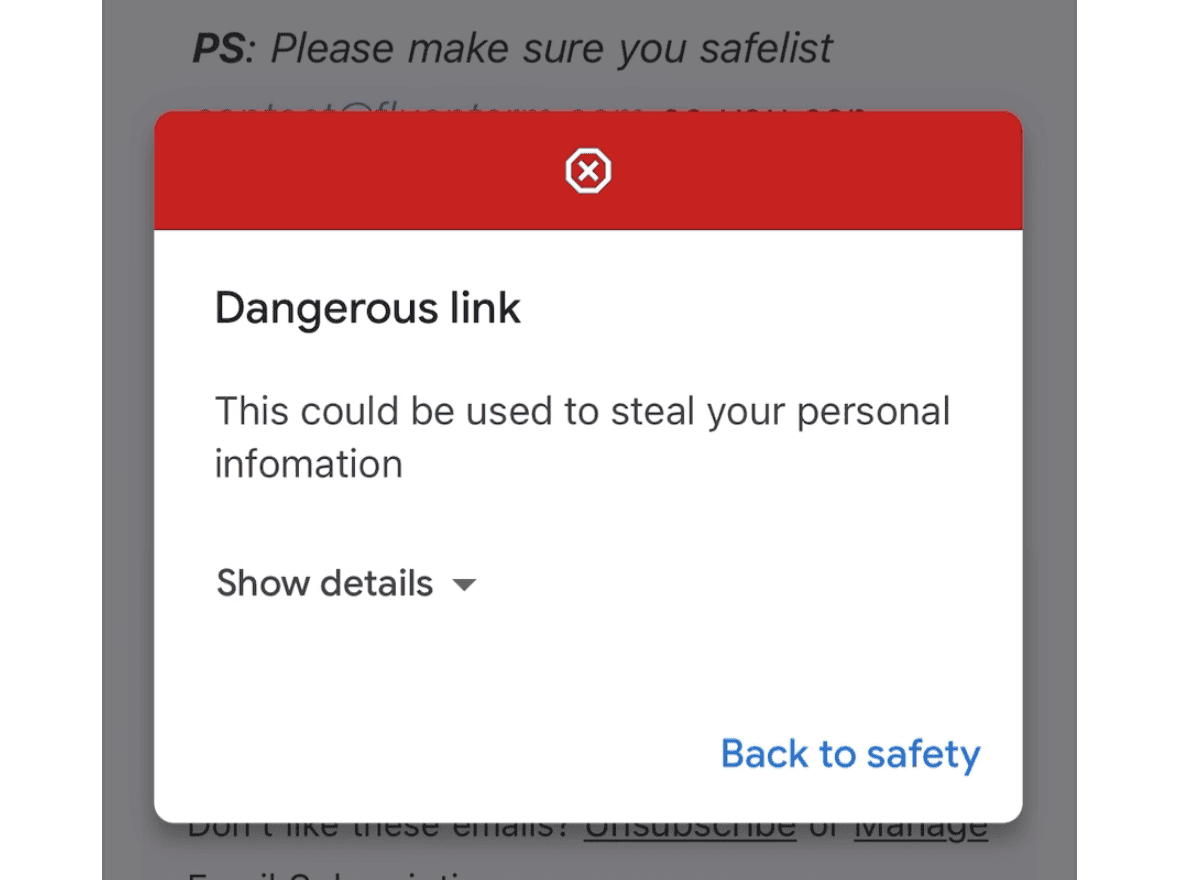 Example of a dangerous link inside the email Example of a dangerous link inside the email
