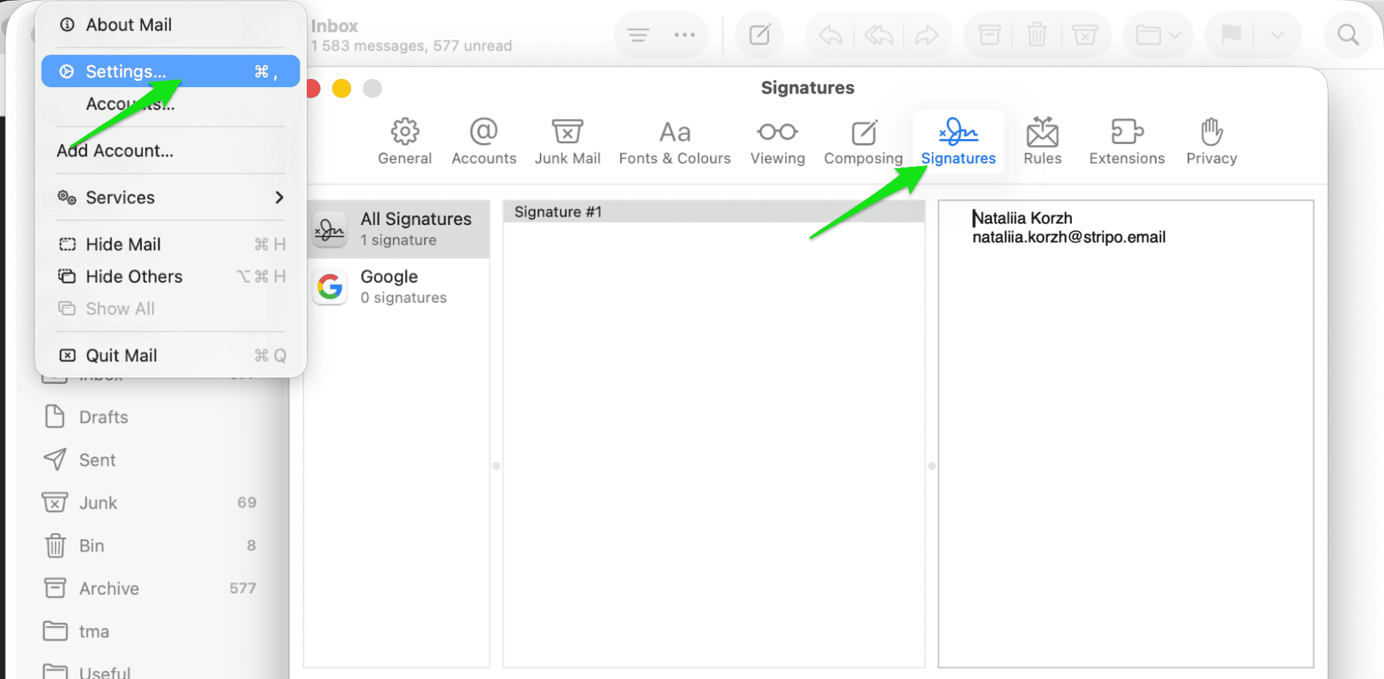 Apple Mail signature settings Apple Mail signature settings