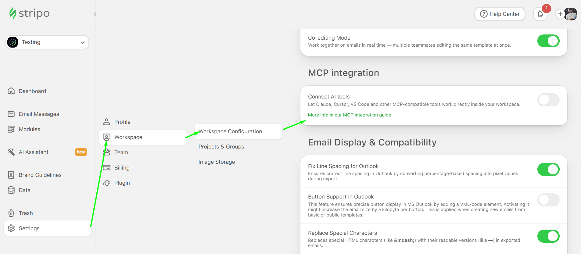 Stripo Workspace Configuration page with the MCP integration