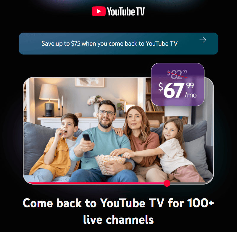 YouTube TV win-back email offering savings on live channels YouTube TV win-back email offering savings on live channels
