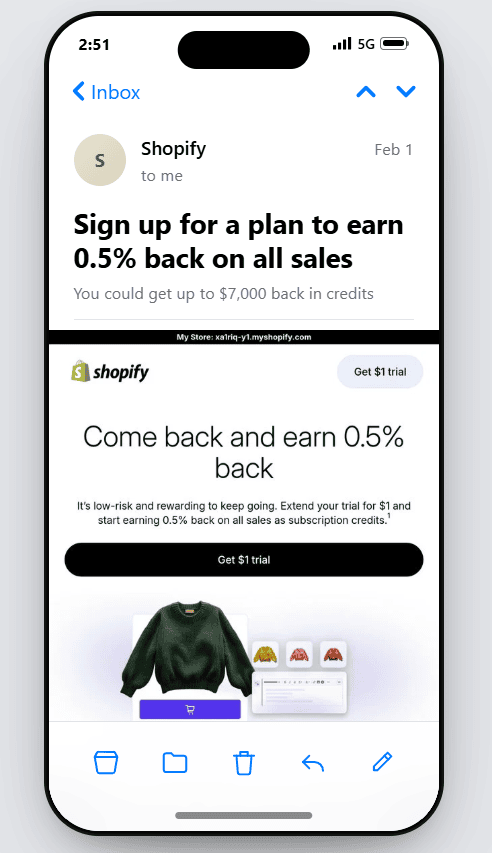 Shopify trial email offering a $1 extension and sales credits Shopify trial email offering a $1 extension and sales credits