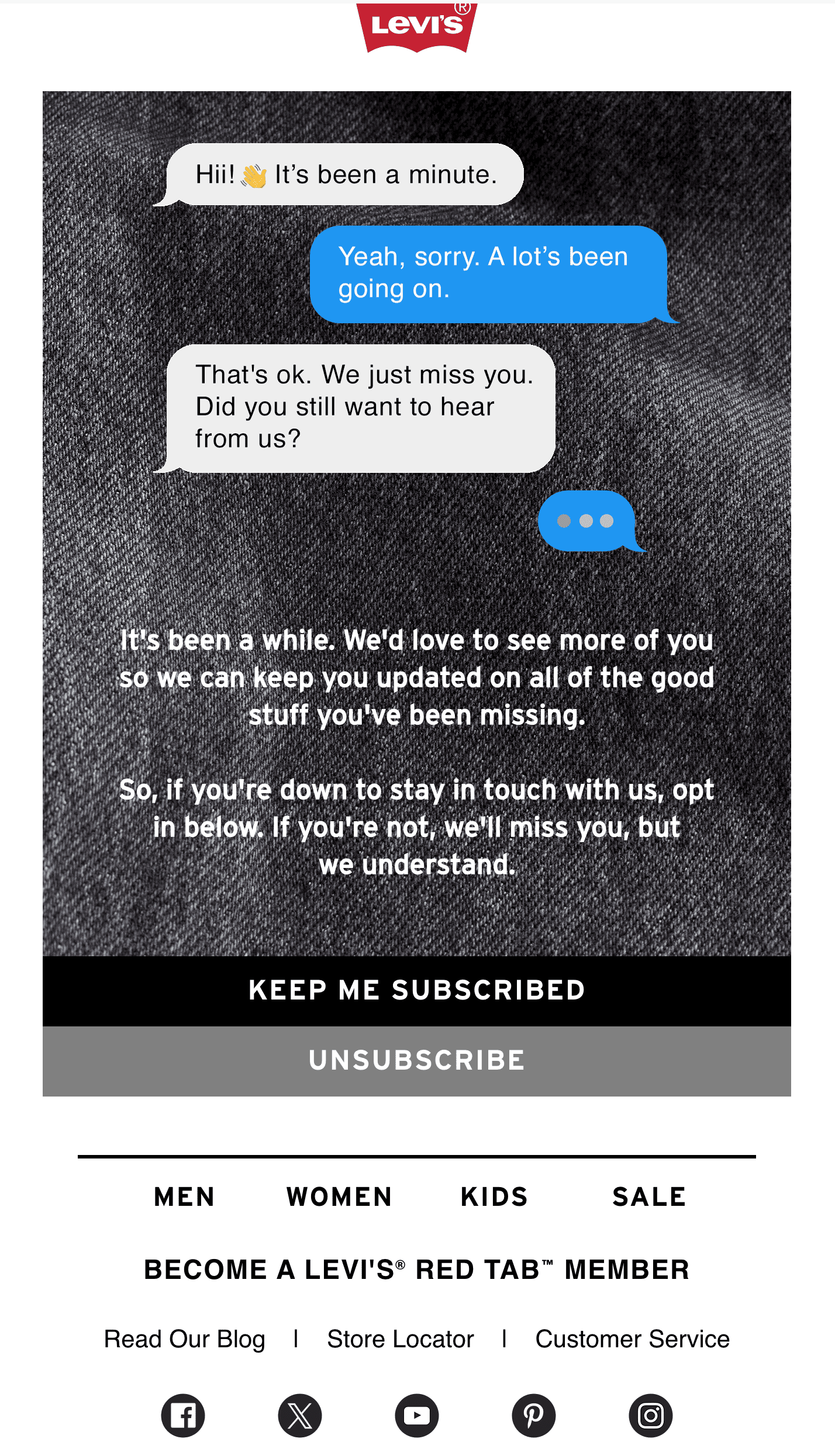 Levi’s re-engagement email with subscribe and unsubscribe options Levi’s re-engagement email with subscribe and unsubscribe options