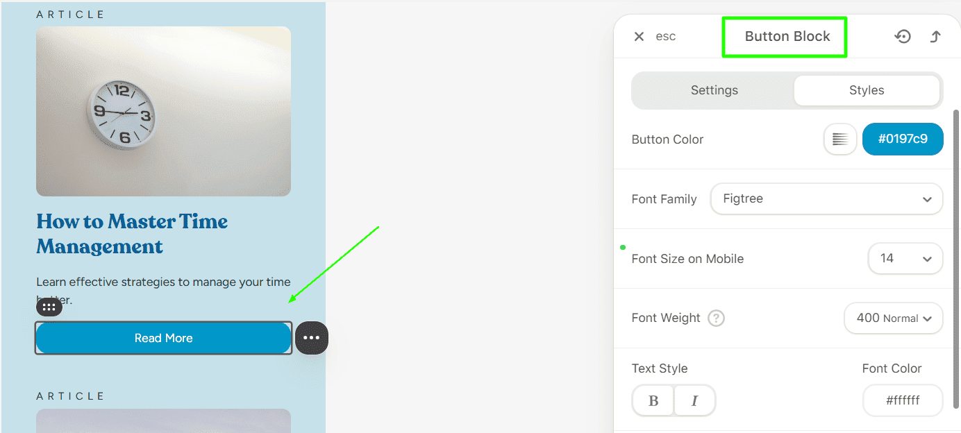 Button block settings and styles in the Stripo editor