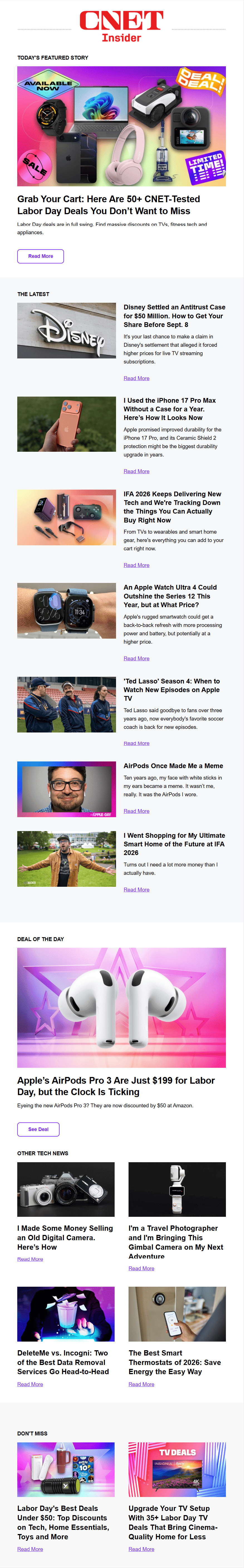 Example of the CNET email digest