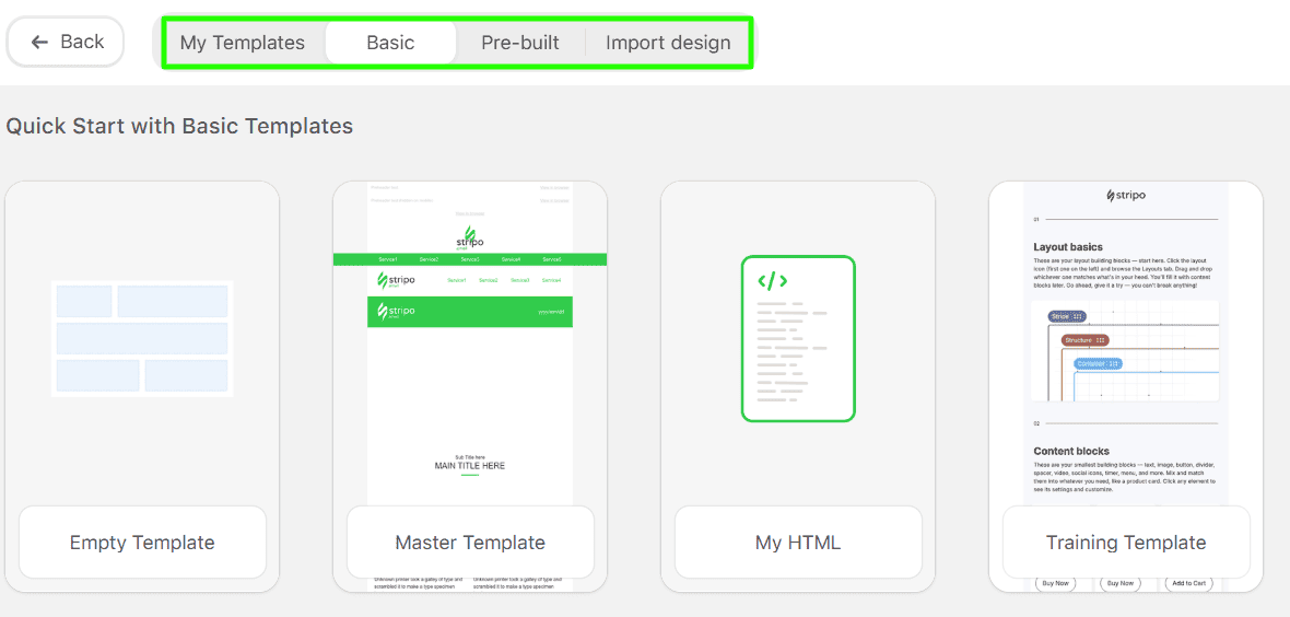 Quick start from basic email templates in Stripo