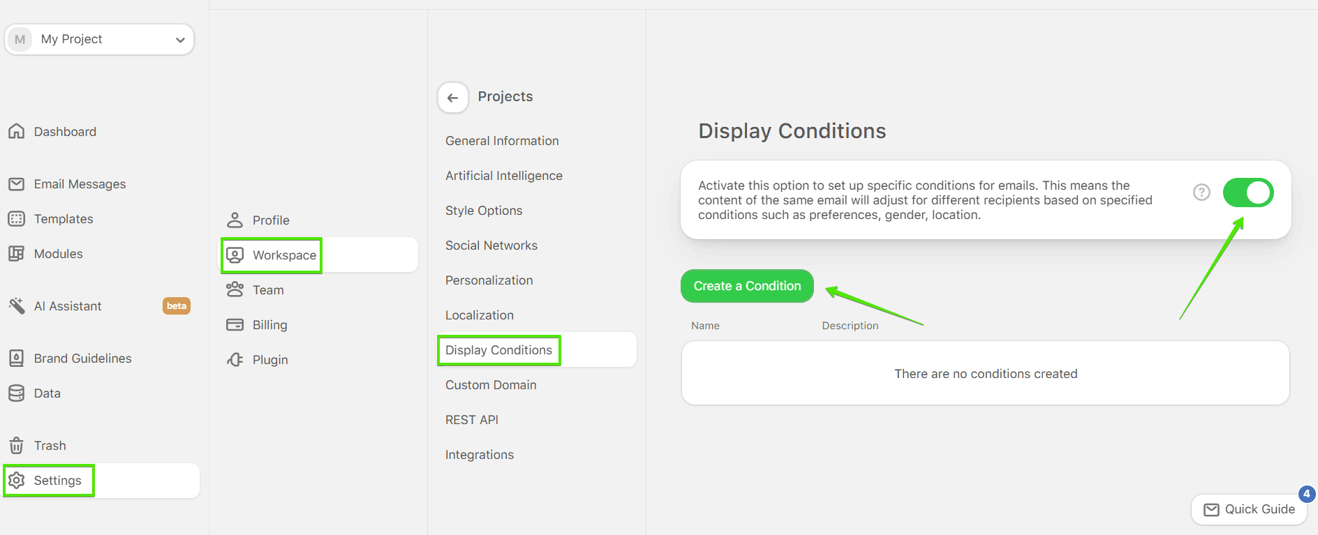 Display conditions feature in Stripo