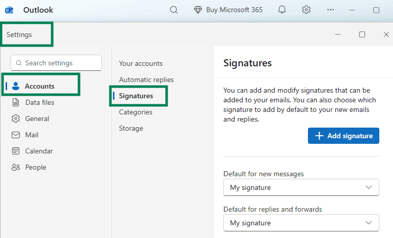 Signature settings in New Outlook