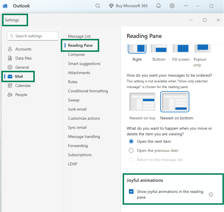 Animation settings in New Outlook