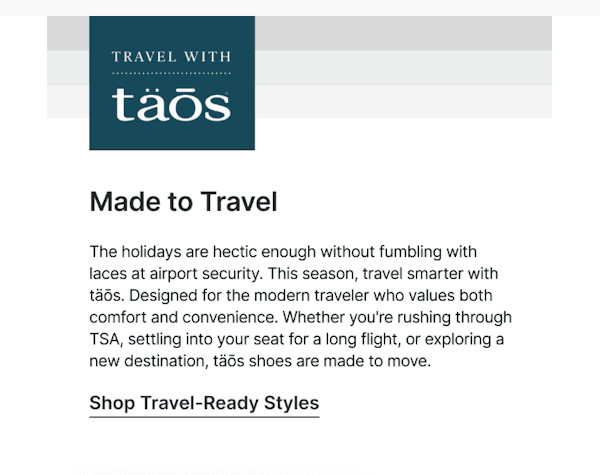 Example of using a GIF in a Taos Footwear email
