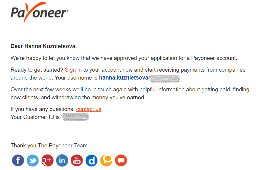 Notification email from Payoneer Notification email from Payoneer