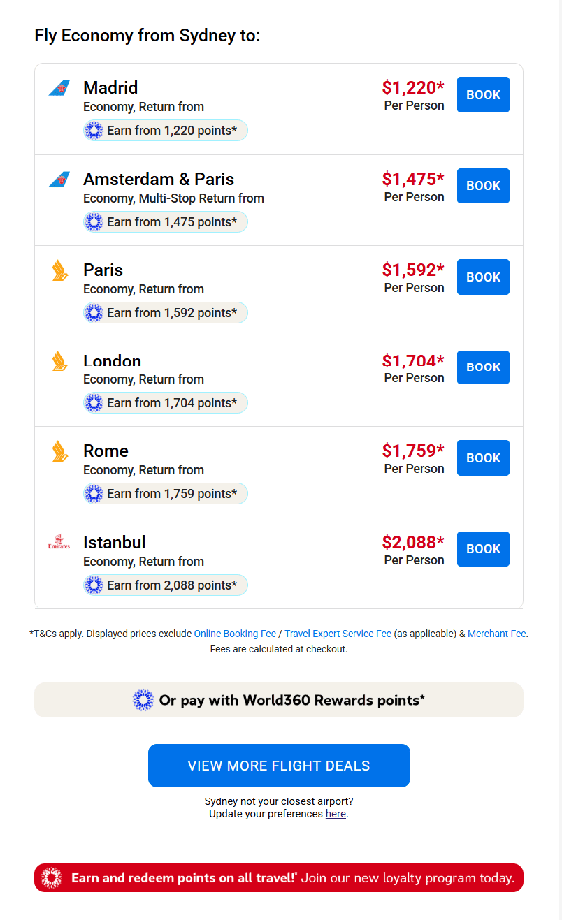 The email’s flight offers The email’s flight offers