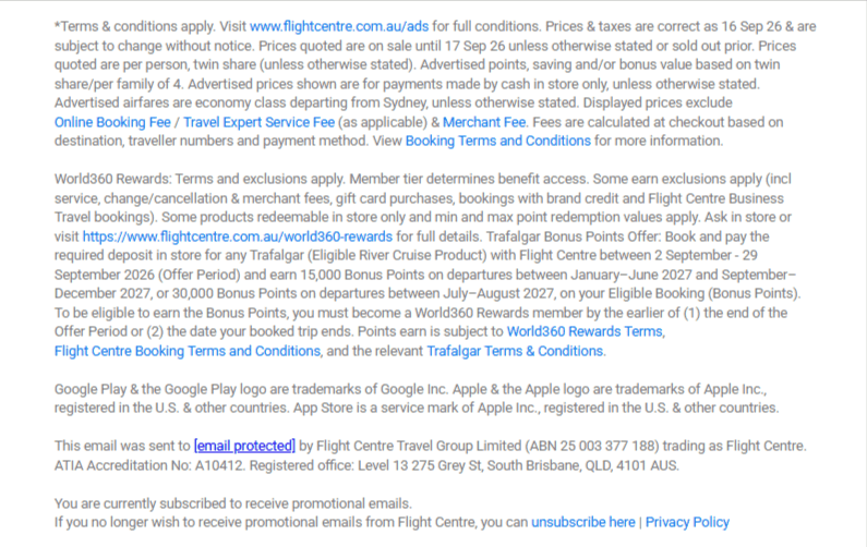 The email’s footer with copyright information, footnotes, and contact details The email’s footer with copyright information, footnotes, and contact details