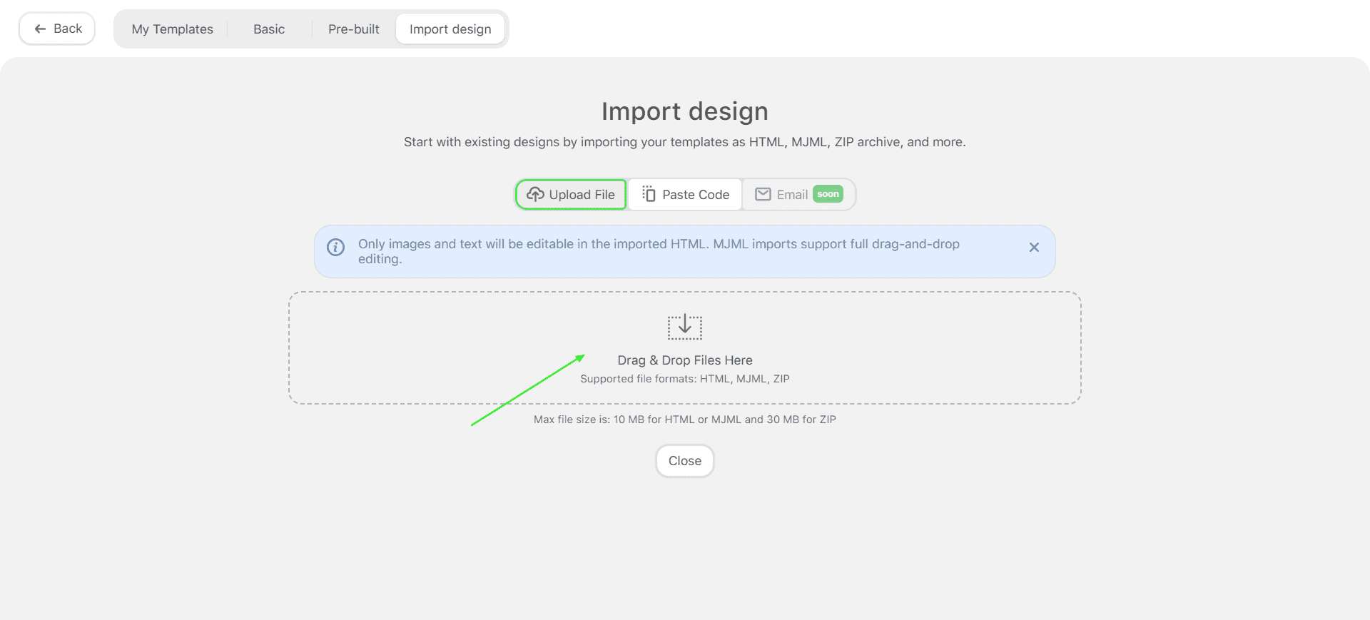Uploading an HTML file into Stripo Uploading an HTML file into Stripo