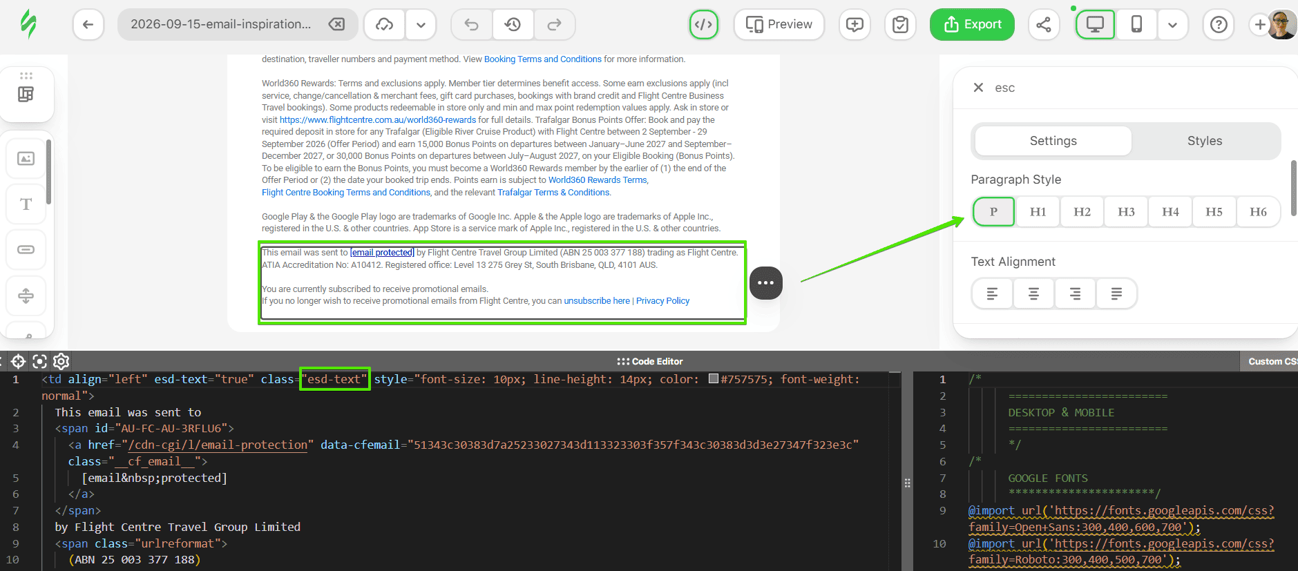 Editing a text block in the Stripo editor Editing a text block in the Stripo editor